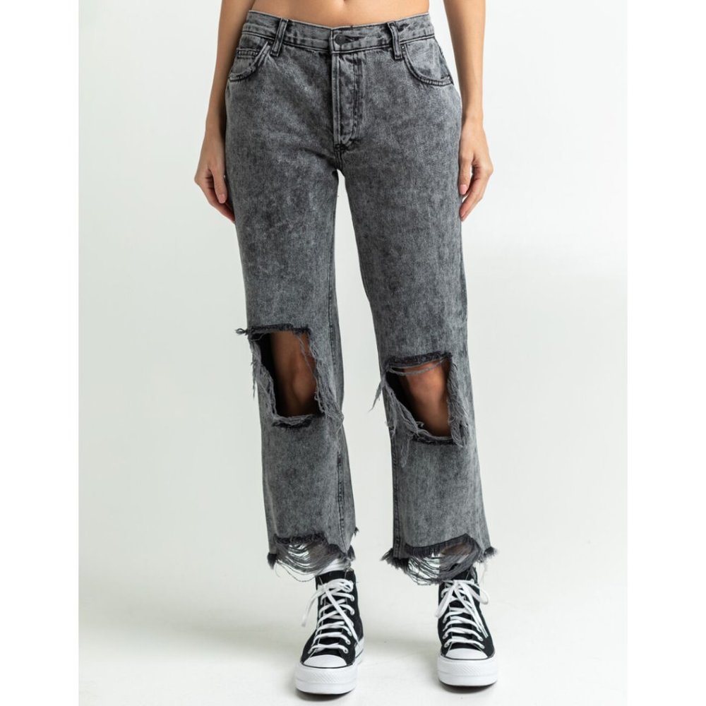 We The Free Maggie Mid Rise Black Distressed Jeans | Size 28